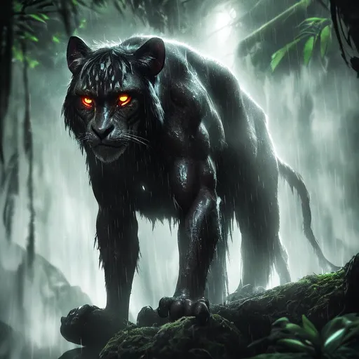 Prompt: tarzan  glowing eyes  rocks dark night  amazon animals  jungle  amazon  rainy  wet  dark fantasy  slippery texture  volumetric lighting  ultra HD  sharp focus  unreal engine 4  64k , radial blur   dark tones  animals  digital art artstation  glare  film grain, foggy 