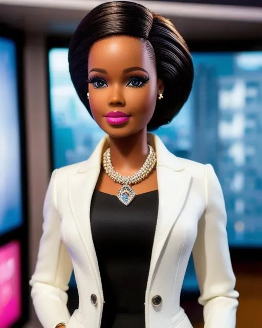 Prompt: RAW photo, a highly detailed photo of a news anchor barbie doll in a news presenter outfit, mix of Gwyneth Paltrow and a Ghanaian woman and kim Kardashian, detailed saran hair, plastic skin, background is a newsroom tv studio, segmented model, mattel barbie aesthetic, made of plastic, segmented doll, big thick botox lips, open suit jacket, push up blouse, mini skirt, newsroom decorations, pale gold accent, ultra detailed, 8k uhd, dslr, soft lighting, high quality, film grain