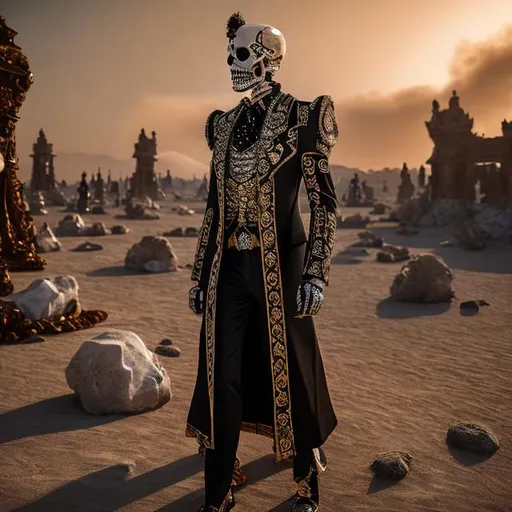 Prompt: Masterwork, octane render. skeleton, Wearing Mirage Vest, {dapper}, Wearing a Festival Robe {dias de los Muertos, fur coat}, glass beach,