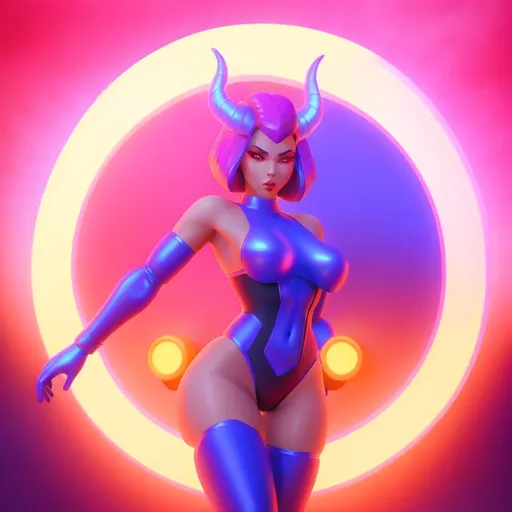 Prompt: a beautiful female demon in a dynamic pose in a retro futuristic synthwave cyberpunk neon paradise.  neon lighting, high quality, beautiful, synthwave, cyber, retro, futuristic