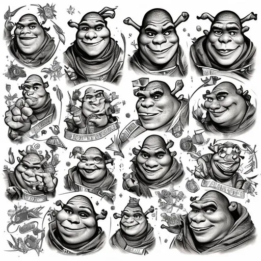 Prompt: Shrek tattoo American traditional flash sheet