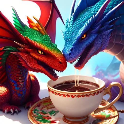 Prompt: Colorful dragons drinking hot chocolate, and a cute face, perfect composition, hyperrealistic, super detailed, 8k, high quality, trending art, trending on artstation, sharp focus, studio photo, intricate details, highly detailed, by greg rutkowski, illustration, watercolor