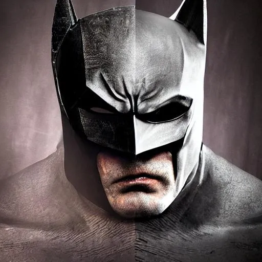 Prompt: Portrait of tired and beat batman with ripped mask, perfect composition, hyperrealistic, super detailed, 8k, high quality, trending art, trending on artstation, sharp focus, studio photo, intricate details, highly detailed, by Franz Kafka