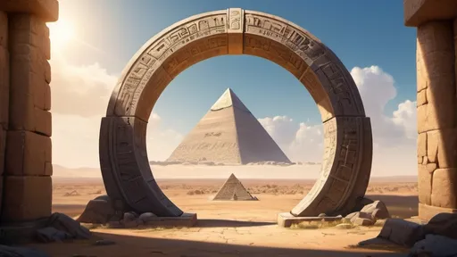 Prompt: circular portal, gateway between cities realms worlds kingdoms, ring standing on edge, freestanding ring, hieroglyphs on ring, complete ring, obelisks, pyramids, panoramic view