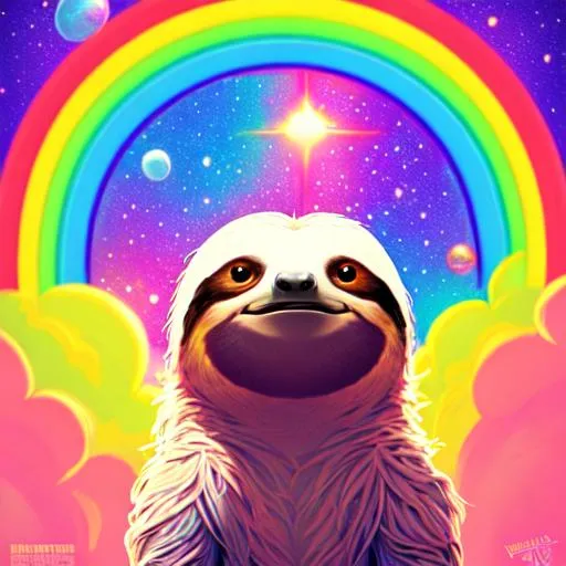 Prompt: Sloth Sunflare, cute, 80's aesthetic, Disney, pixar, rainbow, space, high detail, intricate, elegant, sharp focus, digital painting, illustration