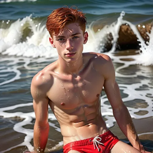Prompt: Hot, slim, 19 year old guy with a slender physique laying in the edge of the waves letting the water wash over his body. He has on red swim trunks, and no shirt, he has short red hair buzzed shorter on the sides and back. Full body portrait. Realistic Lighting. Photo Realistic. 