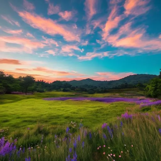 Prompt: blue meadow with green sky