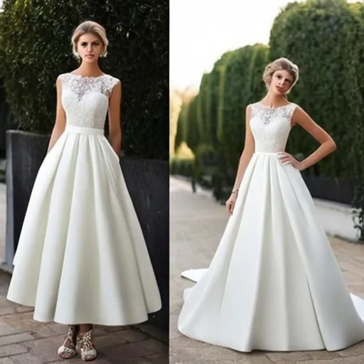 Prompt: A classic casual  fashion  & big white wedding modern dress on beautiful model