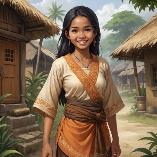 Prompt: Full body, Fantasy illustration of a female indonesian village girl, 17 years old, tawny  orange-brownish skin color, joyful expression, traditional garment, black hair, high quality, rpg-fantasy, detailed, indonesian village background