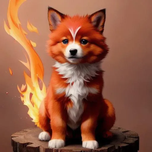 Prompt: Cute, red, fluffy, fire puppy, possessing the element of fire and making circles of fire
 move around in the air in a magical way. Perfect features, extremely detailed, realistic. Krenz Cushart + loish +gaston bussiere +craig mullins, j. c. leyendecker +Artgerm.