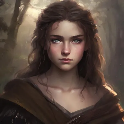 Prompt: head portrait of a beautiful fantasy young teenaged maiden dressed like a modest, rugged ranger, black cape. brunette hair, grey eyes. Epic romantic painting