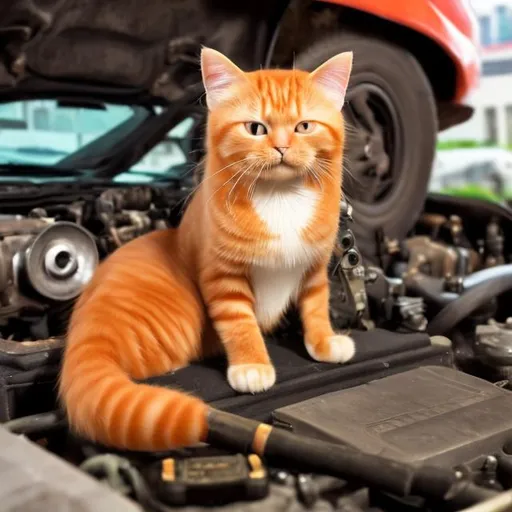 Prompt: Ginger Cat as a car mechanic with wrench in hand