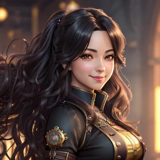 Prompt: extremely realistic, hyperdetailed, steampunk theme, extremely long black wavy hair anime girl, blushing, smiling happily, wears steampunk clothing, toned body, showing abs midriff, highly detailed face, highly detailed eyes, full body, whole body visible, full character visible, soft lighting, high definition, ultra realistic, 2D drawing, 8K, digital art