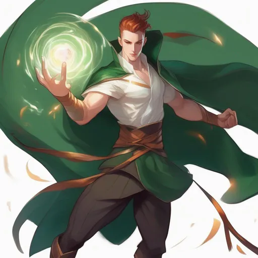 Prompt: a dynamic waist up drawing of an athletic, adult slender muscular male mage in movement, wearing a dark green wizars robe with a cape, loincloth, white shirt underneath, very short extremely deep dark brown slicked back pompadour undercut with dark ginger highlights and shaved sides, very bright and pale milky skin. He fights with a wooden magic staff with a crystal and shoots magical pulses in motion, in rage, soft feminine body features, rising, athlete, scarred face, Smooth skin, detailed face, well drawn face. Rpg art. 2d art. 2d.