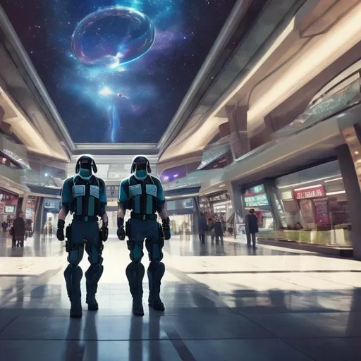 Prompt: tigon security guards in a busy alien mall, widescreen, infinity vanishing point, galaxy background, surprise easter egg