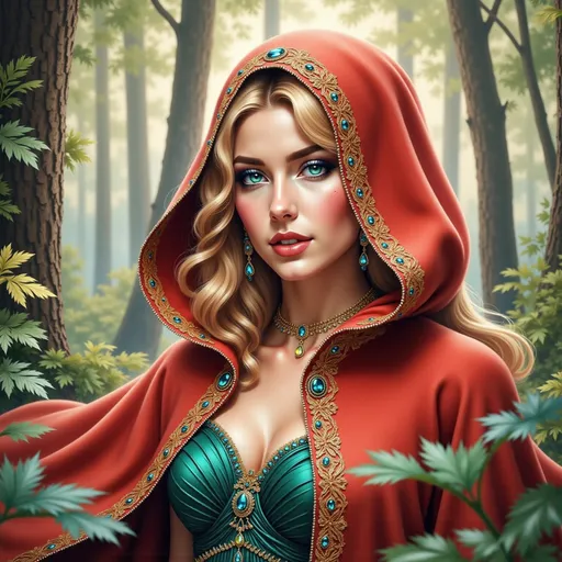 Prompt: Bathed in soft, ethereal light, a striking young woman stands amidst a lush, enchanted forest, her presence both captivating and mysterious. Adorned in an elegant emerald gown accented with gleaming jewels, she draws attention with her vibrant red hooded cape that frames her face, emphasizing her vivid green eyes and delicate freckles. Golden accents highlight her attire, and as she gazes directly outward, there's a sense of both confidence and intrigue in her expression.  Towering trees and rich foliage create a backdrop filled with depth and tranquility. The overall scene exudes a magical narrative, inviting viewers to step into a fairytale world.