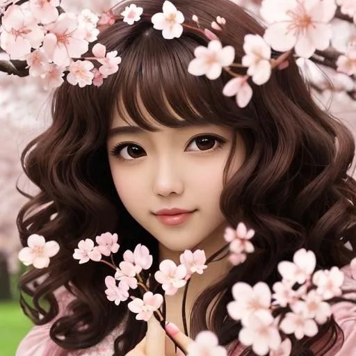 Prompt: Beautiful girl, curly brown hair, cherry blossom flowers, facial closeup
