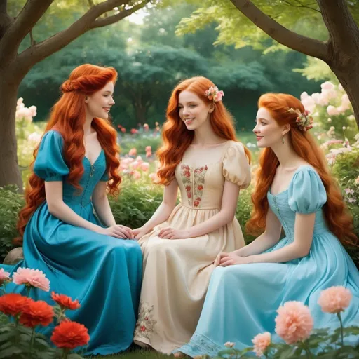 Prompt: In a picturesque garden surrounded by vibrant flowers, three exquisite ladies can be seen. Among them is a lady with long, flowing blonde hair, another with captivating long red hair, and the third adorned with stunning long blue hair. All three wear flowing dresses and radiant smiles, basking in the gentle warmth of soft sunlight filtering through the trees. The scene resembles a romantic vintage painting with its pastel colours and intricate hairstyles, evoking a sense of refined grace.

they are red heads