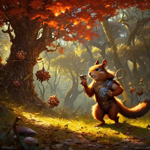 Prompt: warrior squirrel, Magic the Gathering artwork, oil painting, oak trees acorns, centered, detailed forest background, in the style of Craig Mullins and Jason Engle and Anna Podedworna and Jesper Ejsing and Omar Rayyan and Milivoj Ćeran and Jehan Choo and Andrea Radeck and Jason Felix
