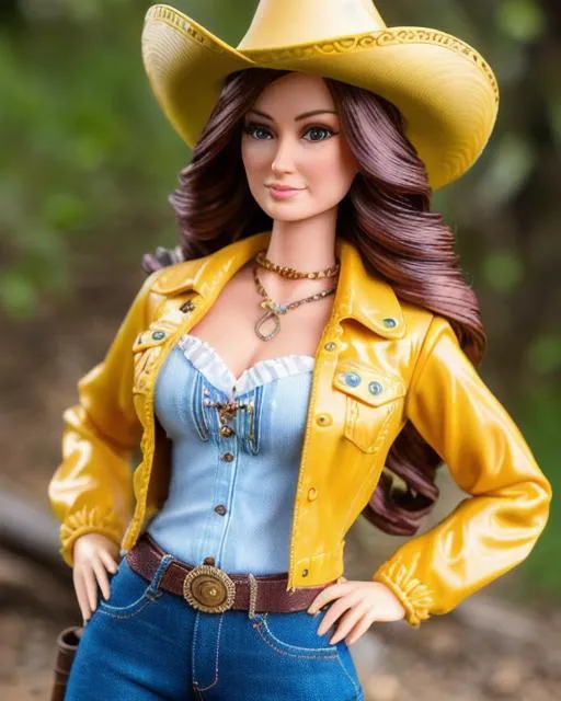 Prompt: a highly detailed portrait photograph of a beautiful cowgirl barbie doll, mix of lucy liu and susan sarandon, wavy hair, segmented model, mattel barbie aesthetic, made of plastic, segmented silicone doll, wearing a denim jacket, rustic western clothes, designer jeans, revolver holster, sheer cotton, banana yellow accent, low cut blouse, push up blouse, ultra detailed, detailed plastic skin, studio lighting, f2 24mm