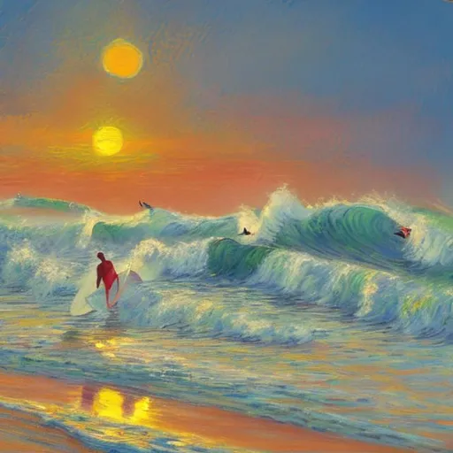 Prompt: An oil painting in the style of Monet of surfers surfing towards the sunset with palm trees, limited color palette, aesthetic, vintage poster