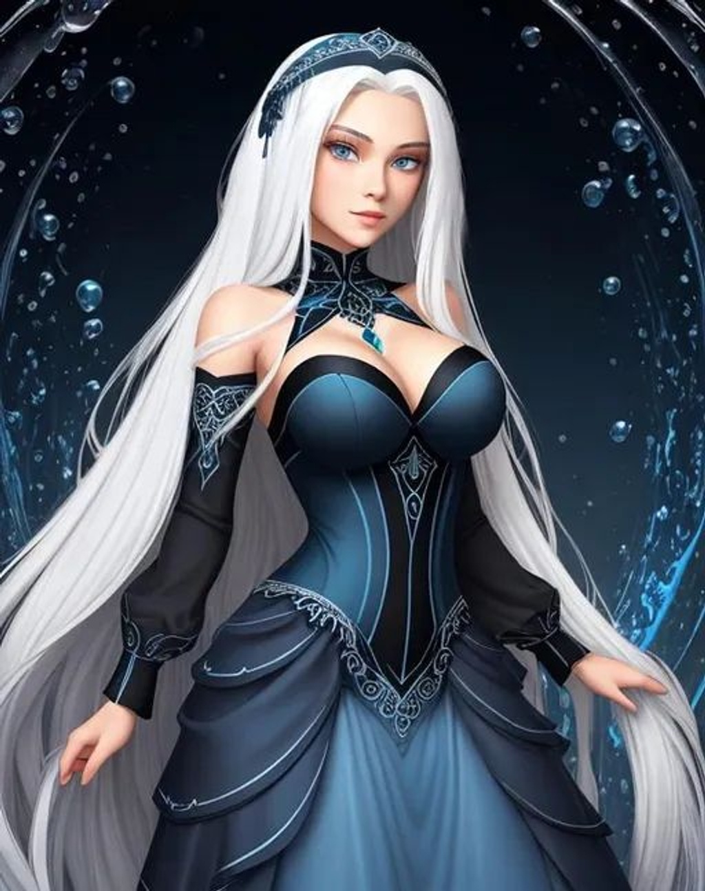 Anime queen with long white hair, blue eyes and tanned skin