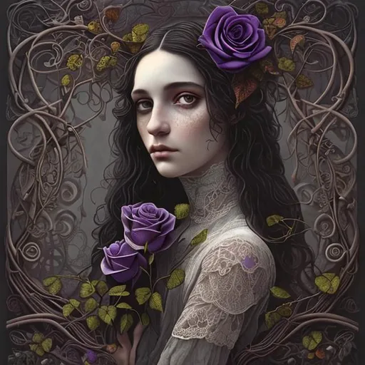 Prompt: "victorian young woman with long black hair and grey eyes holding a purple rose, lace brown leaves, vines, white background, surreal, detailed, christian schloe"