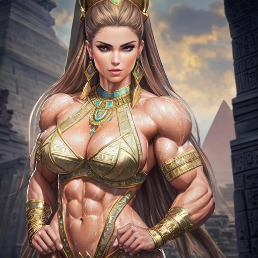Prompt: {{{{highest quality full body splash art masterpiece, hyperrealistic, hyperrealism, {{female character}}, intricately hyperdetailed, hyperrealistic intricate details, muscular muscle fitness female , wet with sweats all over her body, perfect face, perfect body, thick hairy armpits, perfect anatomy, perfect composition, approaching perfection, Ancient Pyramid of Egypt background setting, Norse Tattoo,


  a full body of seductive attractive beautiful gorgeous cute stunning 
 feminine menacing villain, 22-year-old queen of Egypt'  with {{long blonde twirly hair}} 
 and {{warm blue eyes}} and seductive attractive beautiful gorgeous cute stunning 
 feminine face wearing {{silver bra armor and shorts}} with deep exposed cleavage and visible abs, 
 
cinematic glamour lighting, 
volumetric lighting, 
dramatic lighting, 
studio lighting, 
backlight, 
backlit,
3d lighting, 
UHD, 
HDR, 
128K, 
HD, 
long shot, 
professional photography, 
unreal engine octane render, 
trending on artstation, 
front view, 

sharp focus, 
occlusion, 
centered, 
symmetry, 
ultimate, 
shadows, 
highlights, 
contrast, 
{{sexy}}, 
{{huge breast}}

}}}}