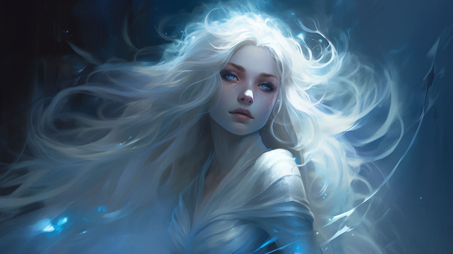 Prompt: a beautiful tall elf princess, with beautiful long white hair rising above the ground with a wind effect below her making everything rise up. Her eyes are glowing blue, She has a blue tint from being dead, lich --ar 16:9