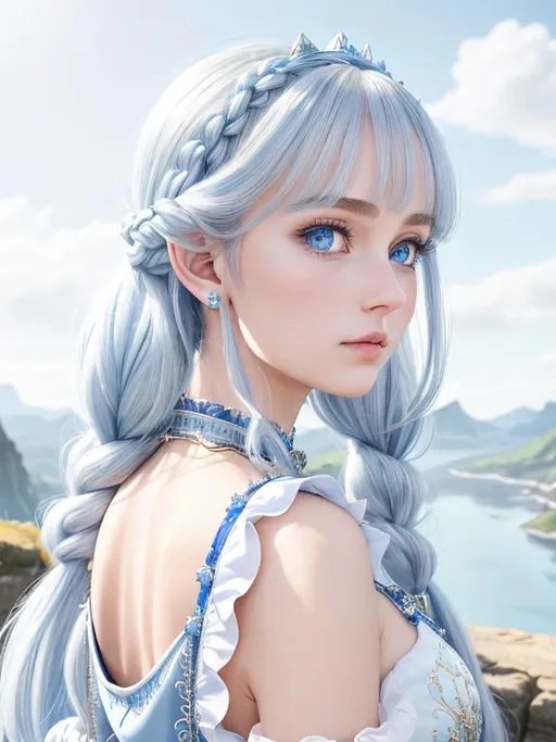 Prompt: 1 girl, queen, highly detailed blue eyes, highly detailed face, innocent looking, regal looking, regal, 8k UHD, young girl, pointy ears, divine, highly detailed blue dress, long sleeved, anime, long dress, fully clothed, fantasy kingdom backdrop, highly detailed back braided silver hair, slight front bangs, scenic view landscape, magical feel, aerial view, idyllic, overhead shot, determination