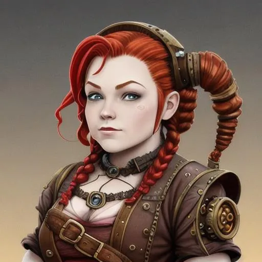 Female dwarf steampunk inventor with red hair in bra...