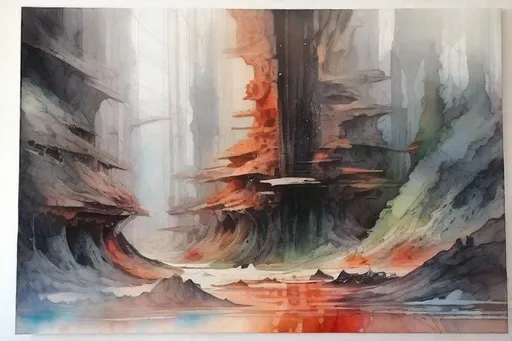 Prompt: Vivid dystopian themed thick watercolor painting. modern dimensional detailed. white space. Complimentary colors.