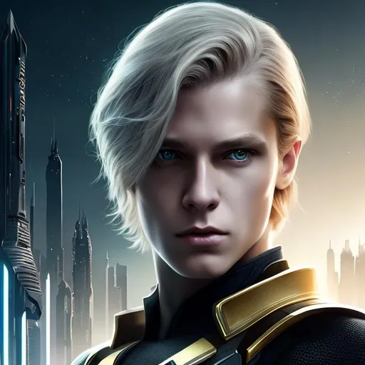 Prompt: attractive young french male, golden blonde long hair, grey eyes, thoughtful expression,  tight black uniform, futuristic spaceship bridge, portrait, realistic details photorealistic, 8K render, cinematic lighting,  ultra detailed