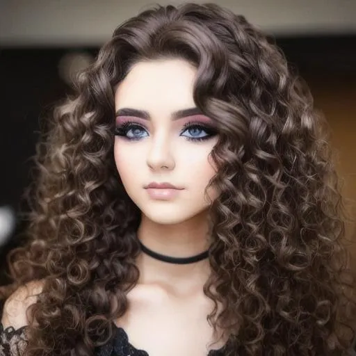 Prompt: An attractive young woman wearing heavy makeup, long curly hair, closeup