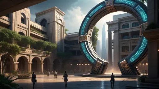 Prompt: magical portal between cities realms worlds kingdoms, circular portal, ring standing on edge, upright ring, freestanding ring, hieroglyphs on ring, complete ring, ancient roman architecture, gardens, hotels, office buildings, shopping malls, large wide-open city plaza, turned sideways view, futuristic cyberpunk tech-noir setting