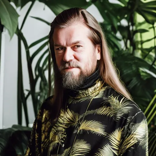 Prompt: Norwegian DJ with long hair and a long beard. He is wearing a black turtle neck and gold necklace. Danish modern house with tropical plants.