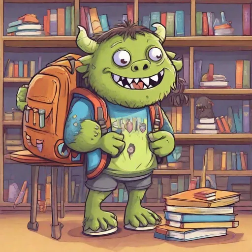 Prompt: Illustrate a monster's first day at school. 📚 Whether it's a nervous little ghoul with a backpack or a big ogre trying to fit into a classroom, capture their unique challenges and adventures.🧑‍🏫