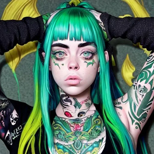 Prompt: ((whole body)) female fully tattooed,billie eilish,green hair, highest of detail quality,highest face quality, highest hand quality