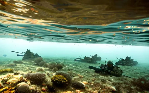 Prompt: army holding their ground underwater during battle photo.