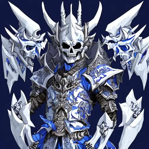 Prompt: Skeleton demon 😈 man wear blue and white full set armor 