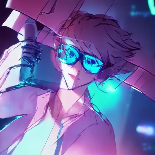 Prompt: a cute white blouse boy wearing protective glasses and only his right hand holding a glass PDA, behind him is cyberpunk city.