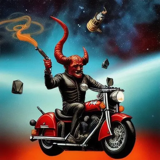 The devil smoking a cigar and riding a motorcycle in...