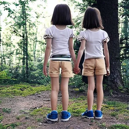 Prompt: seven-year-old identical girl twins with shoulder-length brown hair, slim and dressed in shorts and a T-shirt with their backs facing each other, holding hands and looking into the distance, in the back there should be a forest with tall green trees