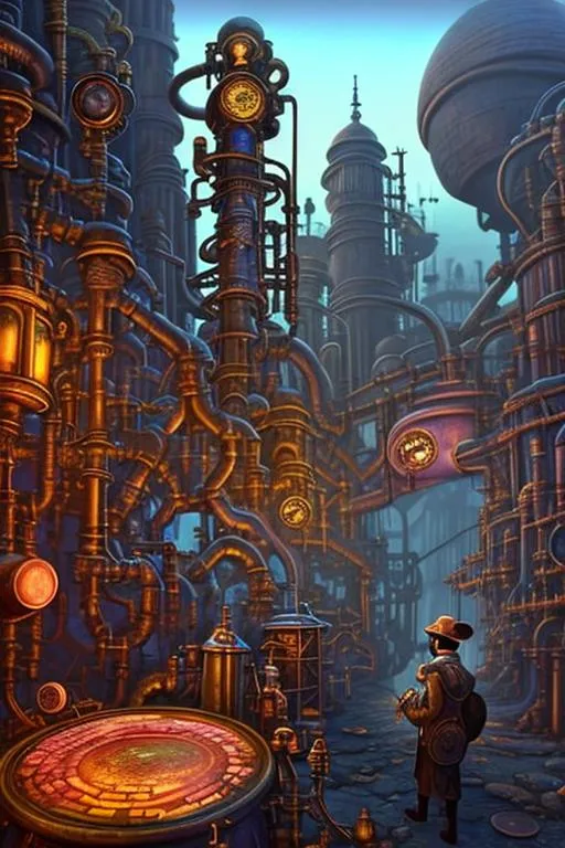 Prompt: 3D Digital art, 1AlchemyPunk, foreground, realistic, colorful, (steam power, giant steam mechanism,  magic potion, fast working gold generator, refining stone, Potion vendor, Open metal workshop), (kurcaci worker, symmetrical Big black eyes, looking at the camera, clear face, clearly visible face),(background (haze: 0.01), water vapor, steam mechanic, cigarette smoke, flying, smoke, flying smoke, Mist covered the sky), (background (blood: 0.01) old, Stabbed by a knife flowing blood, blood office, blood drops, blood), Very detailed resolution and super rich colors, red and pink color scheme. 3D 8K 