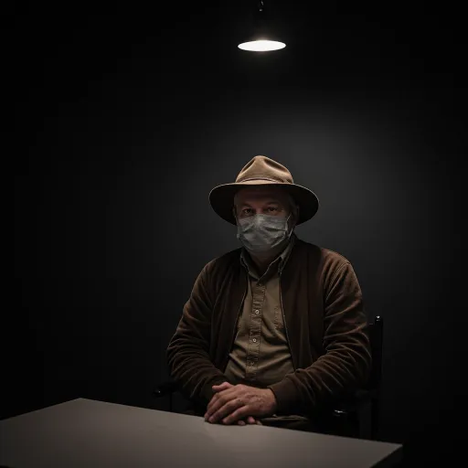 Prompt: Un hombre adulto de alrededor de 40 años, sentado en una silla, con sus brazos reposando sobre la mesa, se encuentra en una habitación oscura, iluminada únicamente por una lámpara de luz tenue encima del hombre. Este hombre porta un sombrero café, una chaqueta marrón, una camisa color caqui, y una máscara de tela gris que cubre por su rostro por completo. El simplemente está atento viendo hacia la cámara. 