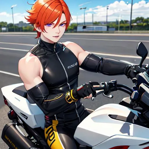 Prompt: Erikku male (short ginger hair, freckles, right eye blue left eye purple) muscular, riding a motorcycle. UHD, 8K, Highly detailed, wearing biker gear, driving on the freeway