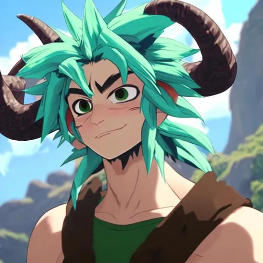 Prompt: a character that has horns and a monkey's tail. The horns were like bulls except they were azure blue with bright green peaks. the hair was brown with tips the same color as the horn tips. A cap with white and green stripes covered his hair. On his right ear, he had a device that looked like a scouter used by Saiiyans. His eyes were brown with green pupils his cheeks were full of freckles and he had a nose. he was wearing a light green shirt with various symbols and hieroglyphs, a dark green jacket with light green sleeves, and a dark green band under each shoulder. A black leather belt held the jeans in place, while green and blue knee pads protected the knees. The boots were military with two bands of dark green on each. The monkey's tail had a green tip, waving left and right
