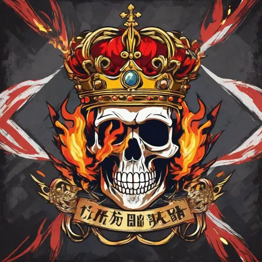 Prompt: Flaming skull wearing a crown, anime style, flag, one piece style