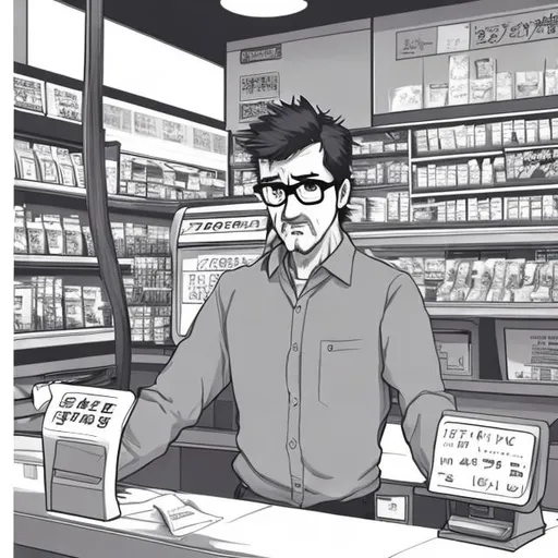 Prompt: photo realistic picture 1 Pencil-style drawing of male clerk in a small convenience store. unshaven and looking underslept. speaking the words "Another exercise in futility" in a word bubble. comic book style. Canada. glasses. angry/grumpy. word bubble. Clerk is  jumping over the counter with great action. cash register. lottery tickets. Refine the hands and eyes

