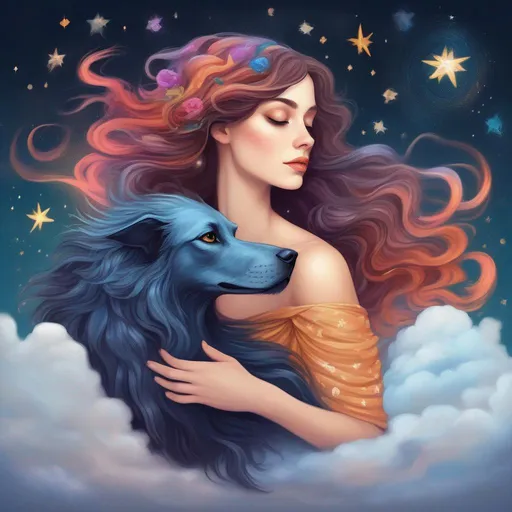 Prompt: A colourful and beautiful Persephone, brunette hair and with her hair being made out of clouds and stars, with her pet Griffon in a painted style